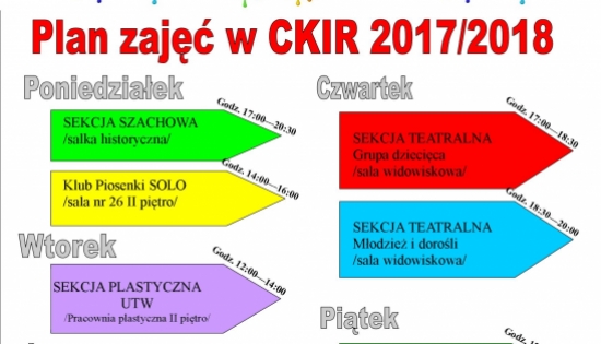 plan zajęć CKiR rozpisany na tygodnie i godziny w graficzne kolorowe strzałki