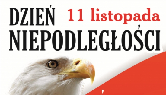 plakat z programem po lewej stronie orzeł na tle flagi Polski