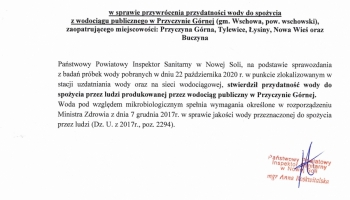 Komunikat Państwowego Powiatowego Inspektora Sanitarnego w Nowej Soli w sprawie przydatności wody z wodociągu w Przyczynie Górnej do spożycia