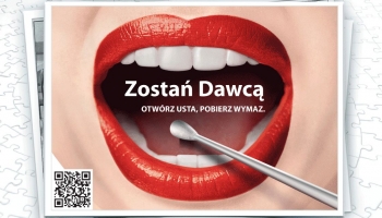 napis zostań dawcą z grafiką jamy ustnej i wymazówki