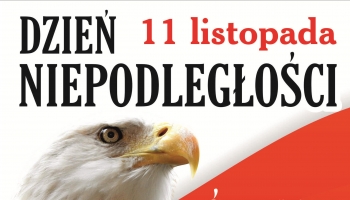 plakat z programem po lewej stronie orzeł na tle flagi Polski