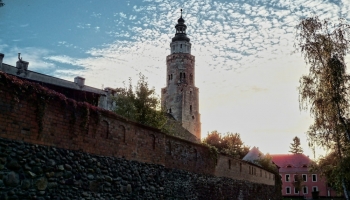 widok na mury i wieżę fary od strony parku