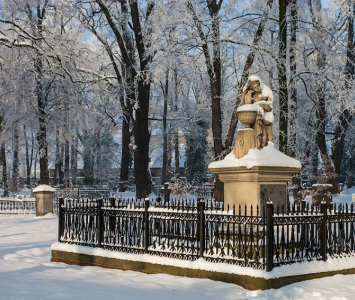 figura kobiety otoczona ozdobnym płotem z leżącym wkoło śniegiem